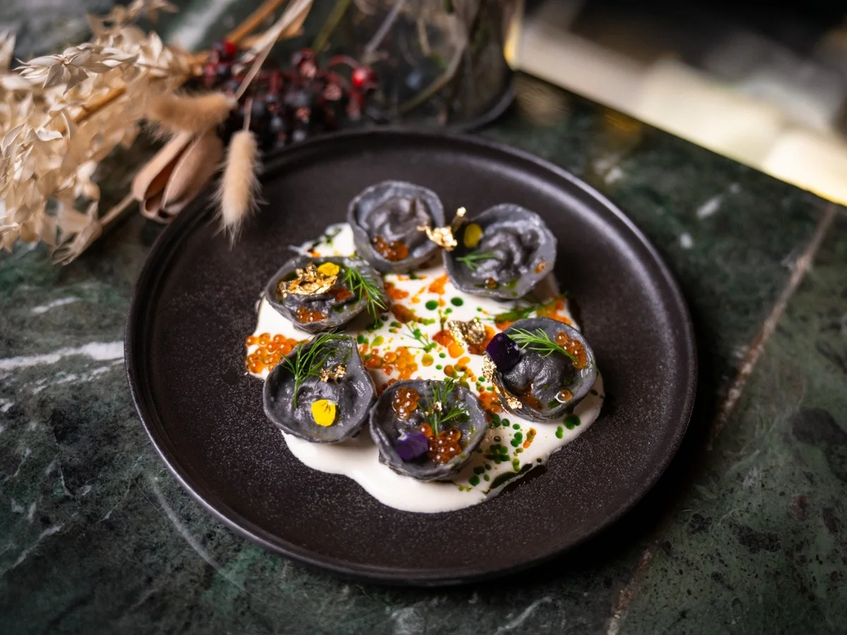Black Dumplings with Seafood and Salmon at LETO Restaurant in Guangzhou
