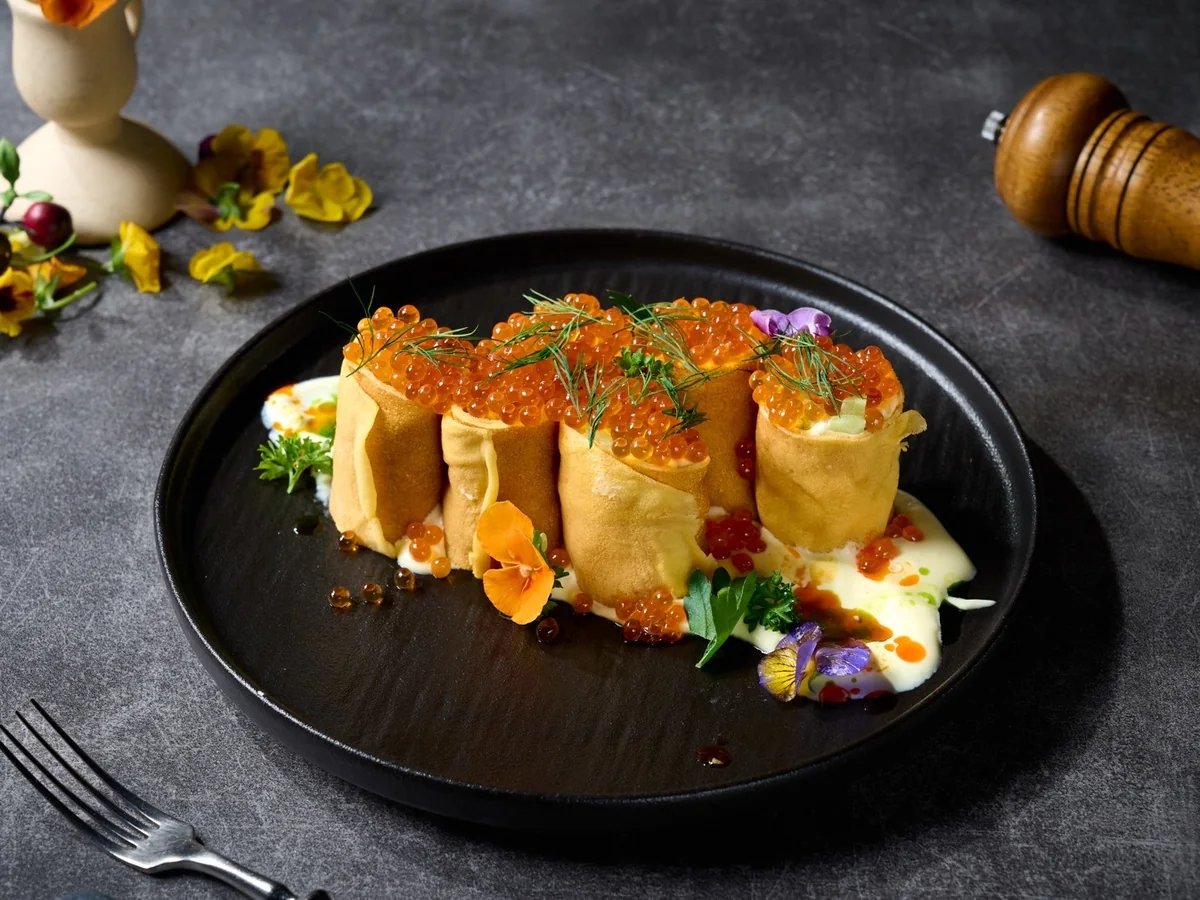 Russian Blini with Red Caviar at LETO Restaurant in Guangzhou