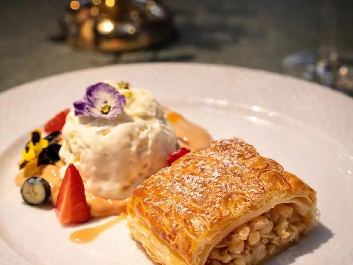 Warm Apple Strudel with Ice Cream and Dulce Cream at LETO Restaurant in Guangzhou